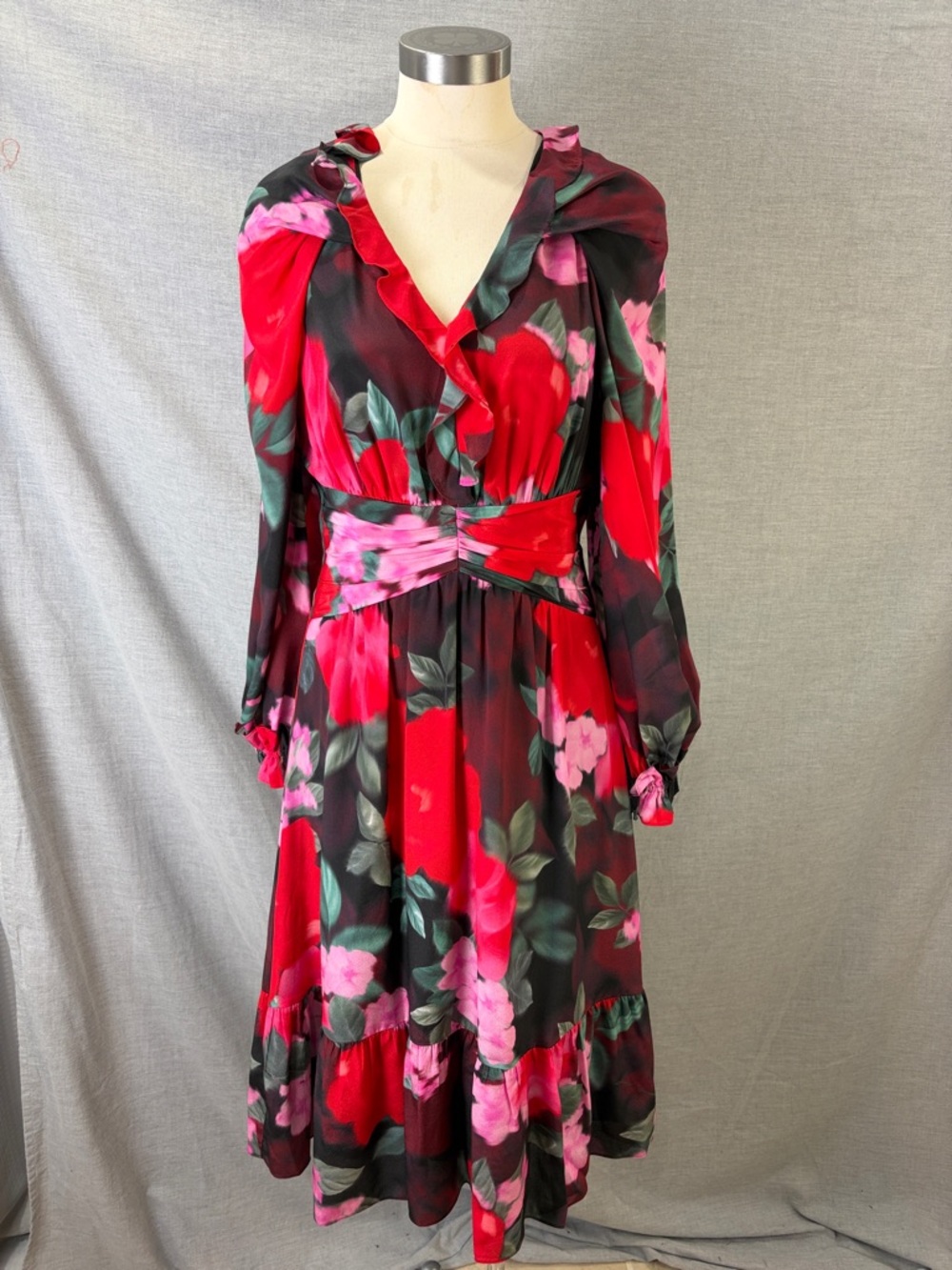 Ungaro 100% Silk Red Pink Floral Ruffle V-Neck Midi Dress Long Sleeve M